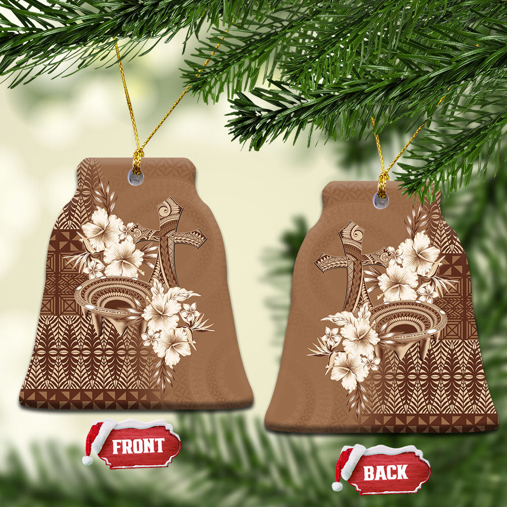 Tonga Ngatu Kupesi Brown Tapa Ceramic Ornament Koe Otua Mo Tonga Ko Hoku Tofia LT7 Bell Flake Mocha - Polynesian Pride