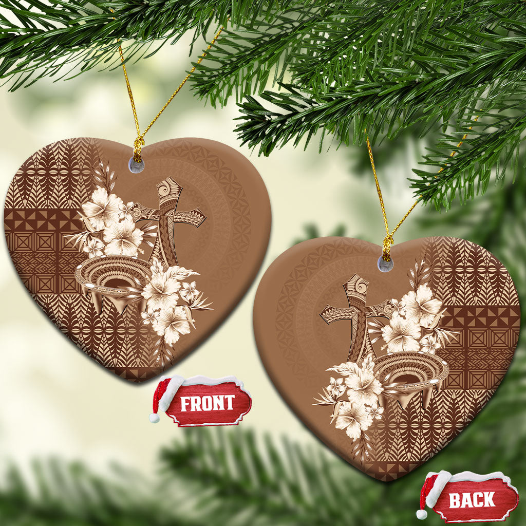 Tonga Ngatu Kupesi Brown Tapa Ceramic Ornament Koe Otua Mo Tonga Ko Hoku Tofia LT7 Heart Mocha - Polynesian Pride