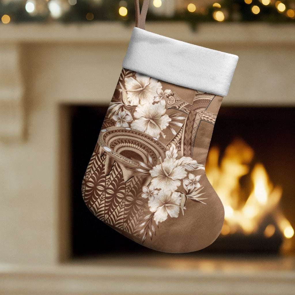 Tonga Ngatu Kupesi Brown Tapa Christmas Stocking Koe Otua Mo Tonga Ko Hoku Tofia LT7 Set of 2 Mocha - Polynesian Pride