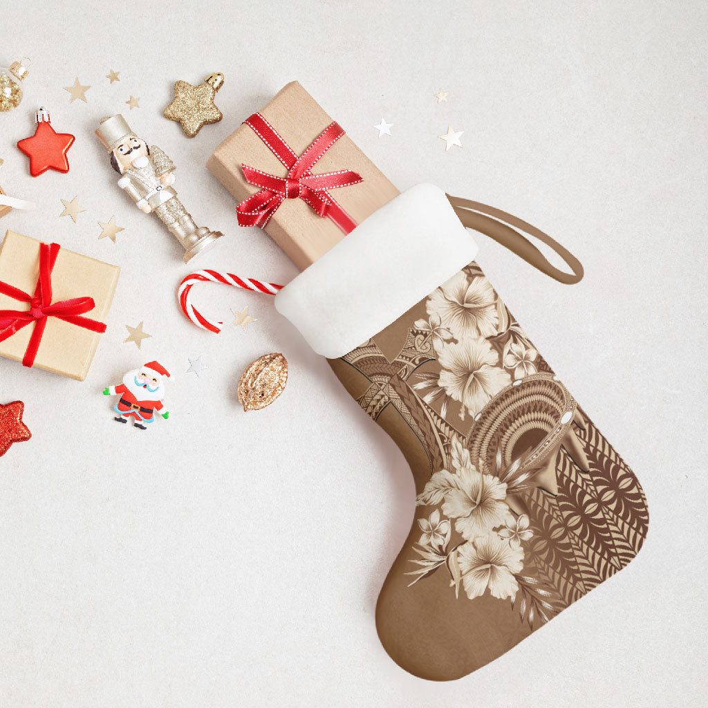 Tonga Ngatu Kupesi Brown Tapa Christmas Stocking Koe Otua Mo Tonga Ko Hoku Tofia LT7 - Polynesian Pride