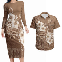 Tonga Ngatu Kupesi Brown Tapa Couples Matching Long Sleeve Bodycon Dress and Hawaiian Shirt Koe Otua Mo Tonga Ko Hoku Tofia LT7 Mocha - Polynesian Pride