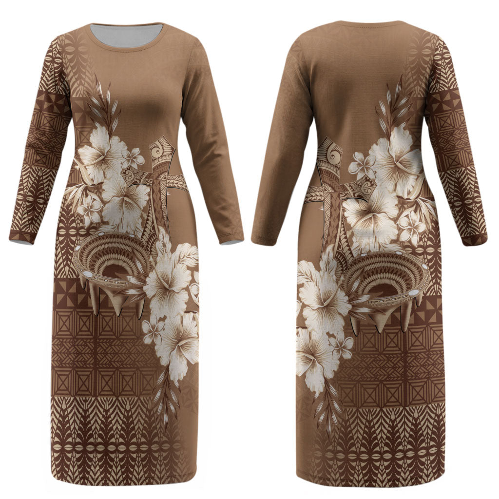 Tonga Ngatu Kupesi Brown Tapa Couples Matching Long Sleeve Bodycon Dress and Hawaiian Shirt Koe Otua Mo Tonga Ko Hoku Tofia LT7 - Polynesian Pride