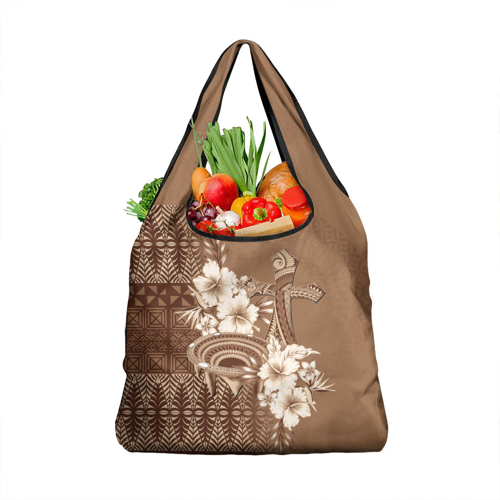 Tonga Ngatu Kupesi Brown Tapa Grocery Bag Koe Otua Mo Tonga Ko Hoku Tofia