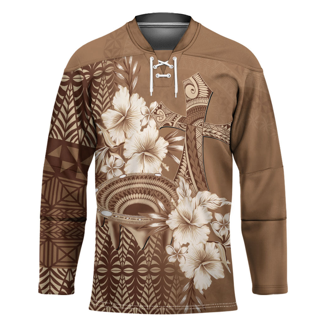 Tonga Ngatu Kupesi Brown Tapa Hockey Jersey Koe Otua Mo Tonga Ko Hoku Tofia LT7 Unisex Mocha - Polynesian Pride