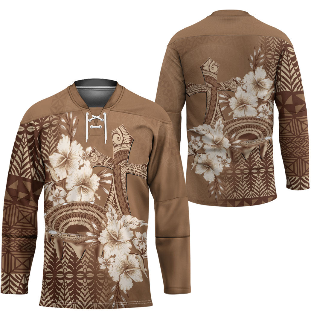 Tonga Ngatu Kupesi Brown Tapa Hockey Jersey Koe Otua Mo Tonga Ko Hoku Tofia LT7 - Polynesian Pride