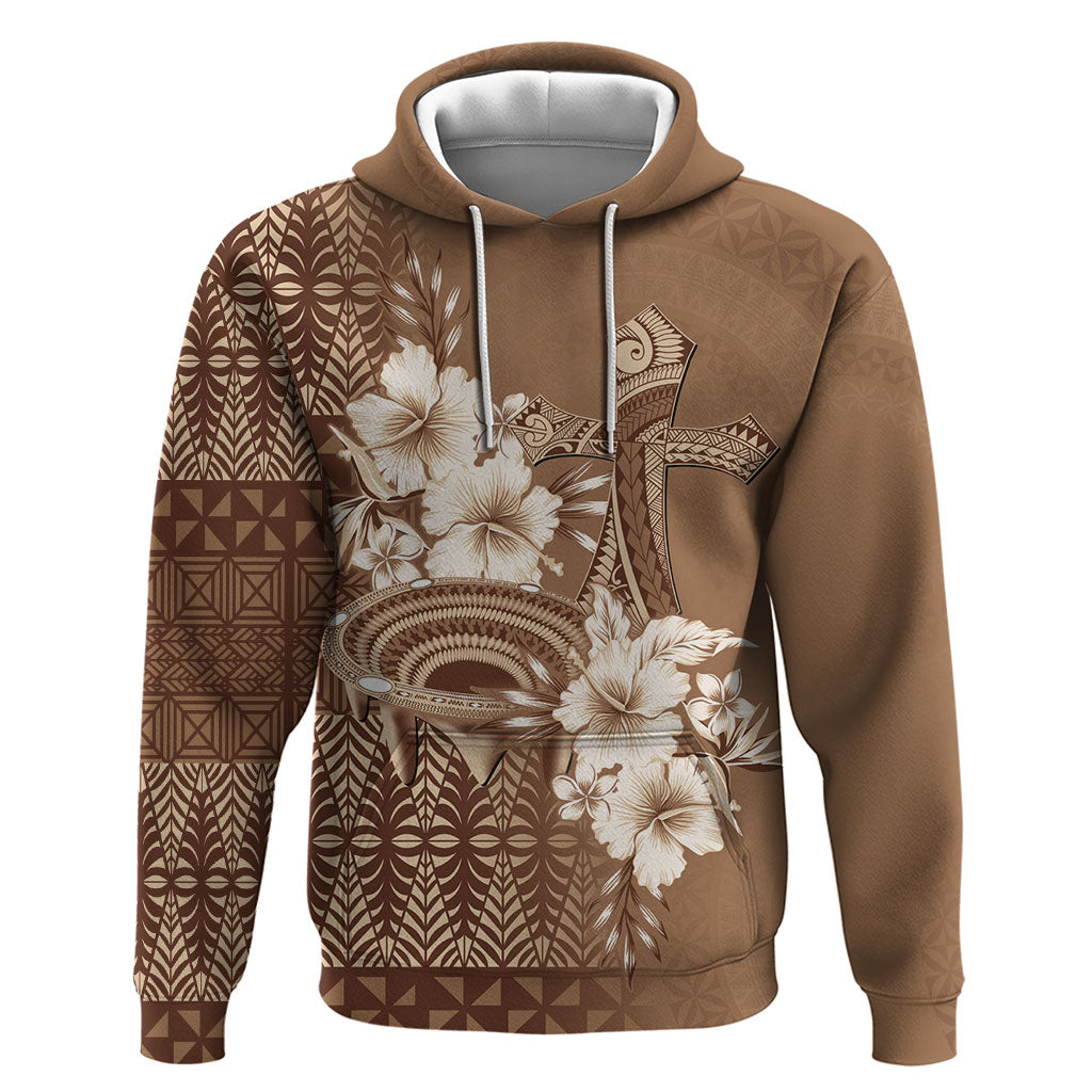 Tonga Ngatu Kupesi Brown Tapa Hoodie Koe Otua Mo Tonga Ko Hoku Tofia LT7 Pullover Hoodie Mocha - Polynesian Pride