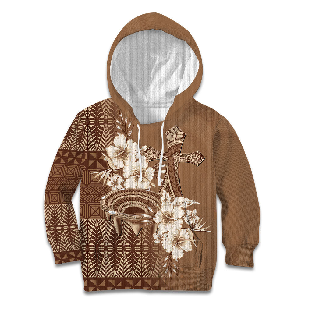 Tonga Ngatu Kupesi Brown Tapa Kid Hoodie Koe Otua Mo Tonga Ko Hoku Tofia LT7 Hoodie Mocha - Polynesian Pride