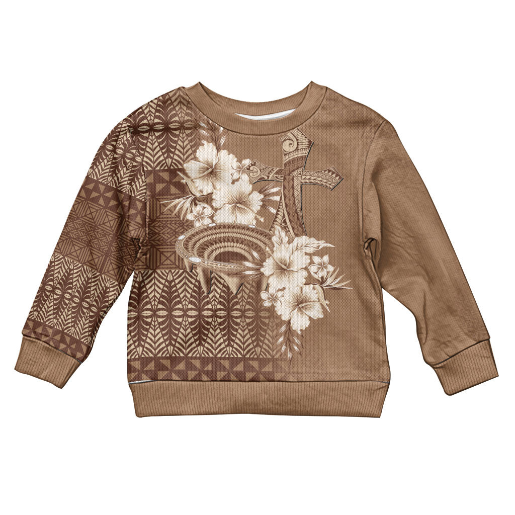 Tonga Ngatu Kupesi Brown Tapa Kid Ugly Christmas Sweater Koe Otua Mo Tonga Ko Hoku Tofia LT7 Kid Mocha - Polynesian Pride