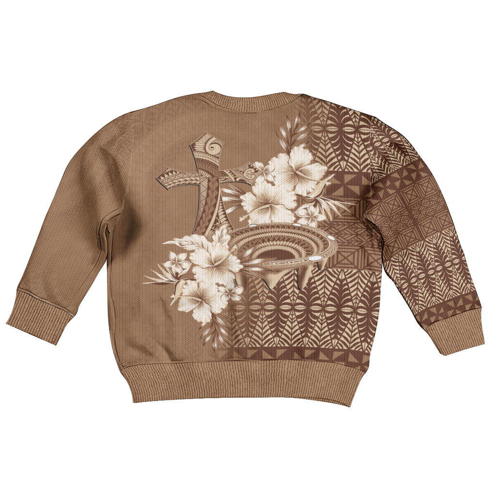 Tonga Ngatu Kupesi Brown Tapa Kid Ugly Christmas Sweater Koe Otua Mo Tonga Ko Hoku Tofia LT7 - Polynesian Pride