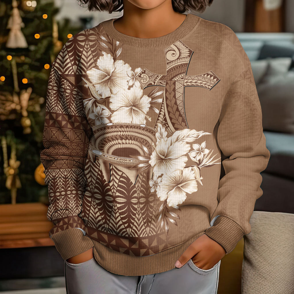 Tonga Ngatu Kupesi Brown Tapa Kid Ugly Christmas Sweater Koe Otua Mo Tonga Ko Hoku Tofia LT7 - Polynesian Pride