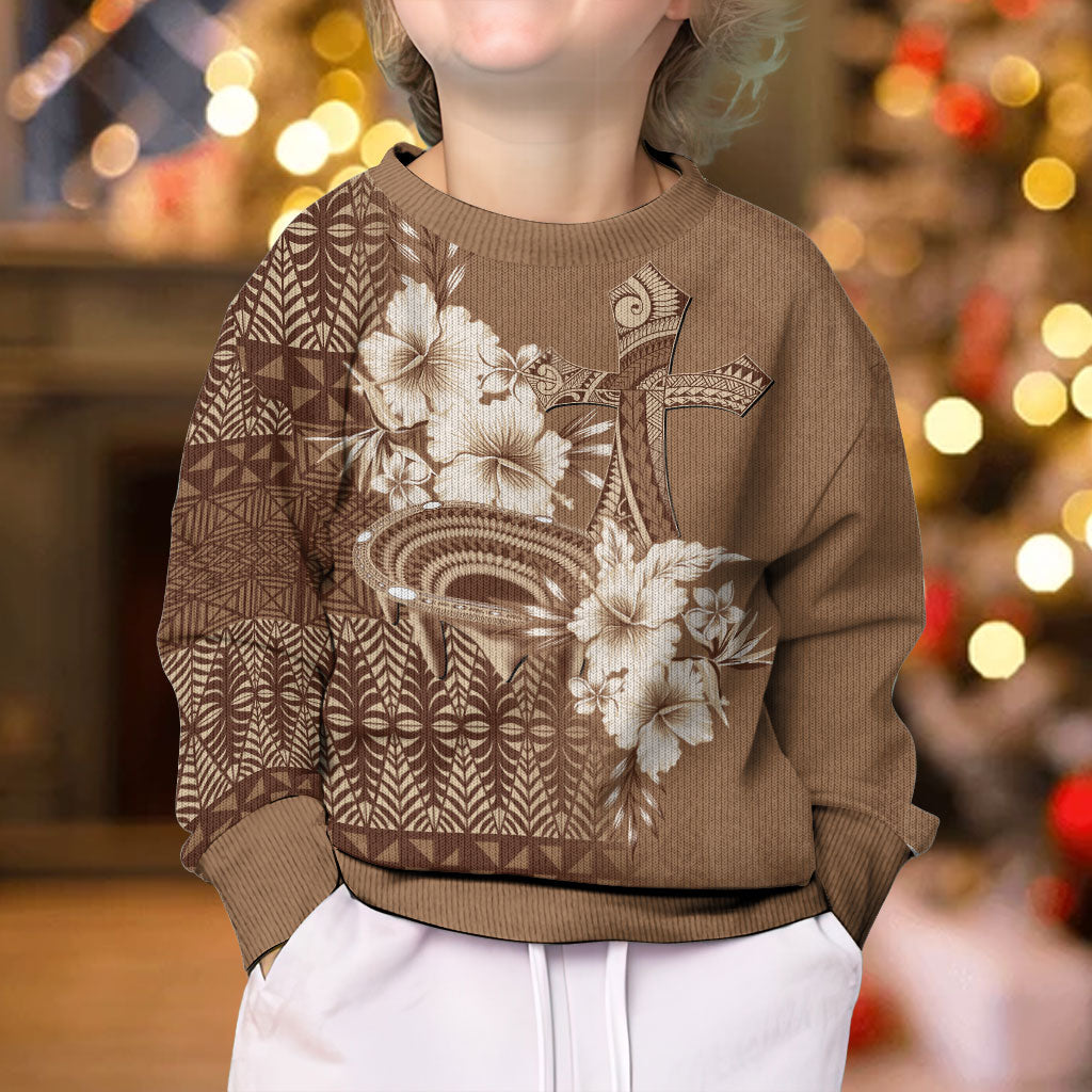 Tonga Ngatu Kupesi Brown Tapa Kid Ugly Christmas Sweater Koe Otua Mo Tonga Ko Hoku Tofia LT7 - Polynesian Pride