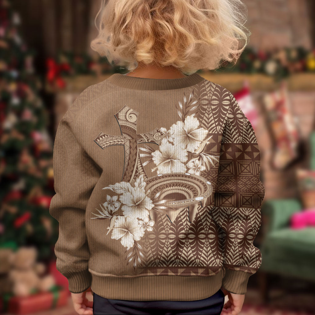 Tonga Ngatu Kupesi Brown Tapa Kid Ugly Christmas Sweater Koe Otua Mo Tonga Ko Hoku Tofia LT7 - Polynesian Pride
