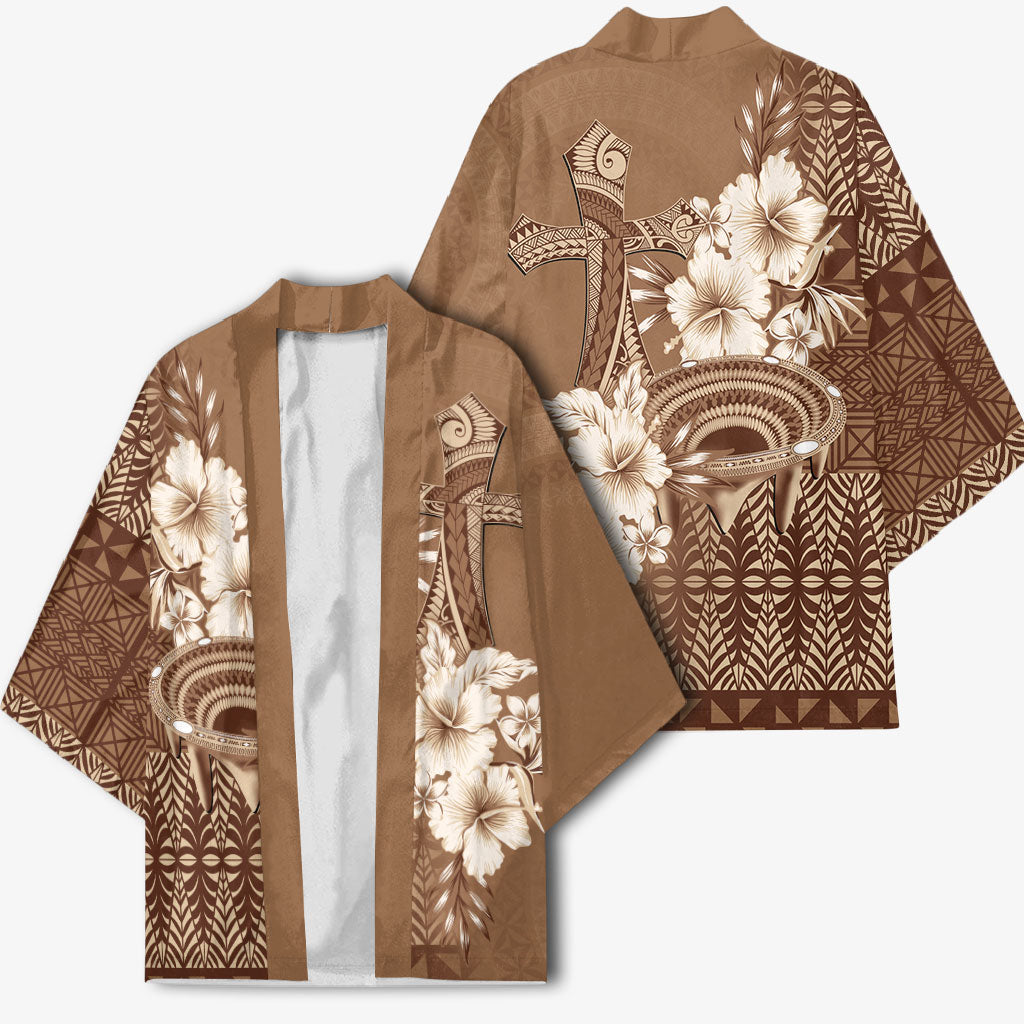 Tonga Ngatu Kupesi Brown Tapa Kimono Koe Otua Mo Tonga Ko Hoku Tofia LT7 - Polynesian Pride