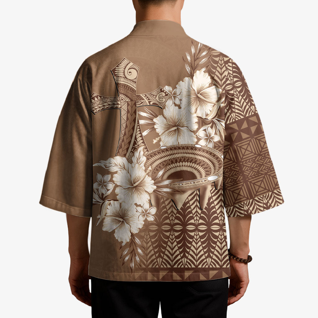 Tonga Ngatu Kupesi Brown Tapa Kimono Koe Otua Mo Tonga Ko Hoku Tofia LT7 - Polynesian Pride