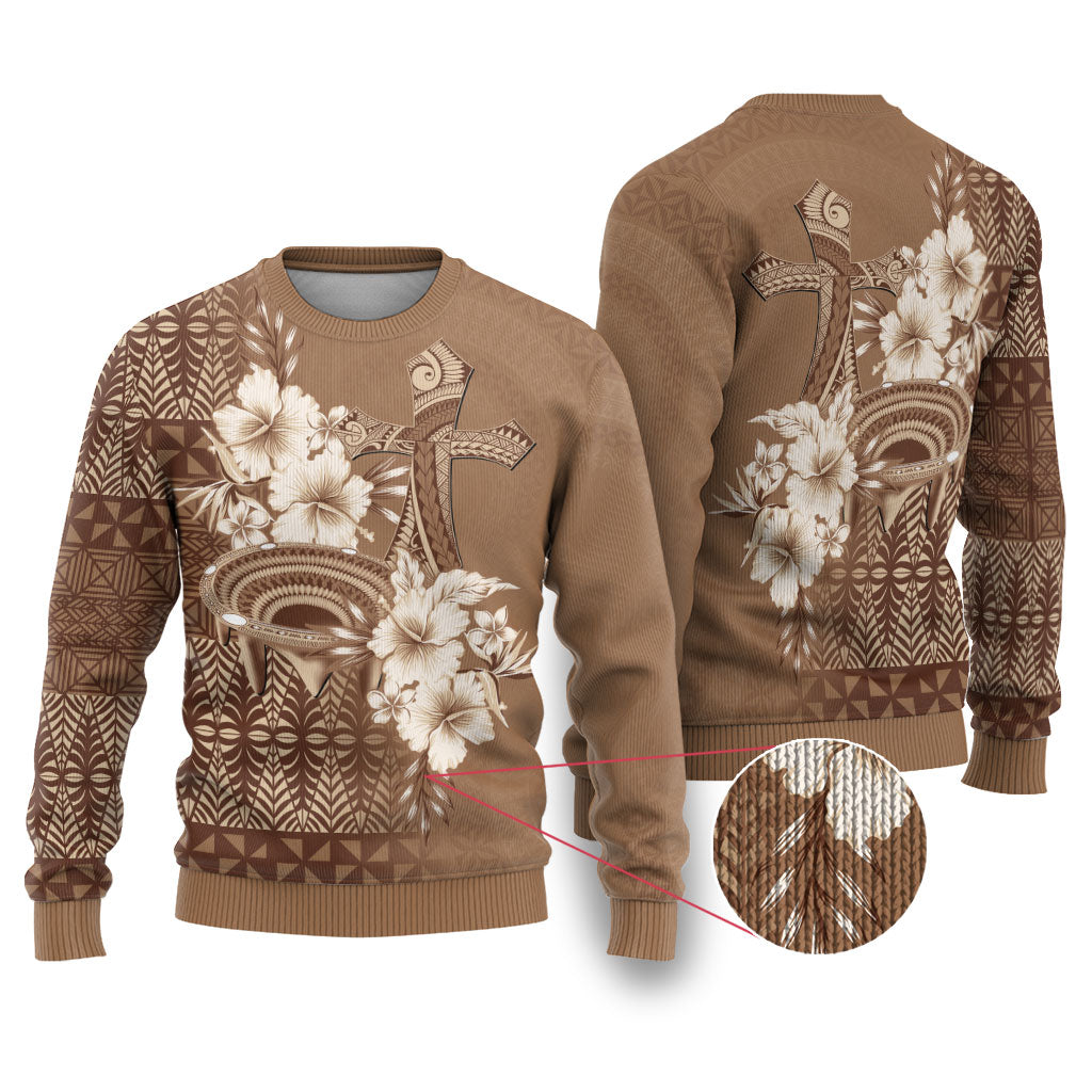 Tonga Ngatu Kupesi Brown Tapa Ugly Christmas Sweater Koe Otua Mo Tonga Ko Hoku Tofia LT7 Mocha - Polynesian Pride