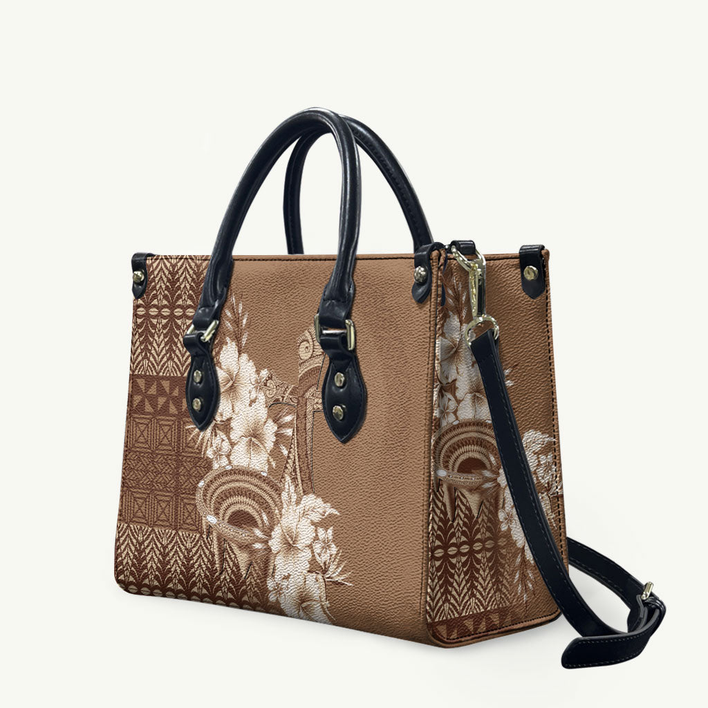 Tonga Ngatu Kupesi Brown Tapa Leather Bag Koe Otua Mo Tonga Ko Hoku Tofia LT7 Mocha - Polynesian Pride