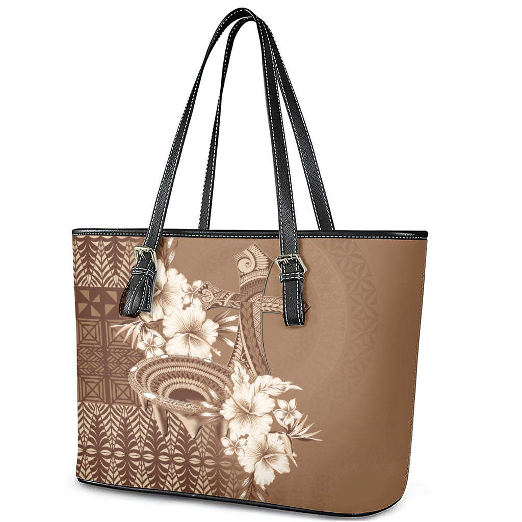 Tonga Ngatu Kupesi Brown Tapa Leather Tote Bag Koe Otua Mo Tonga Ko Hoku Tofia LT7 - Polynesian Pride