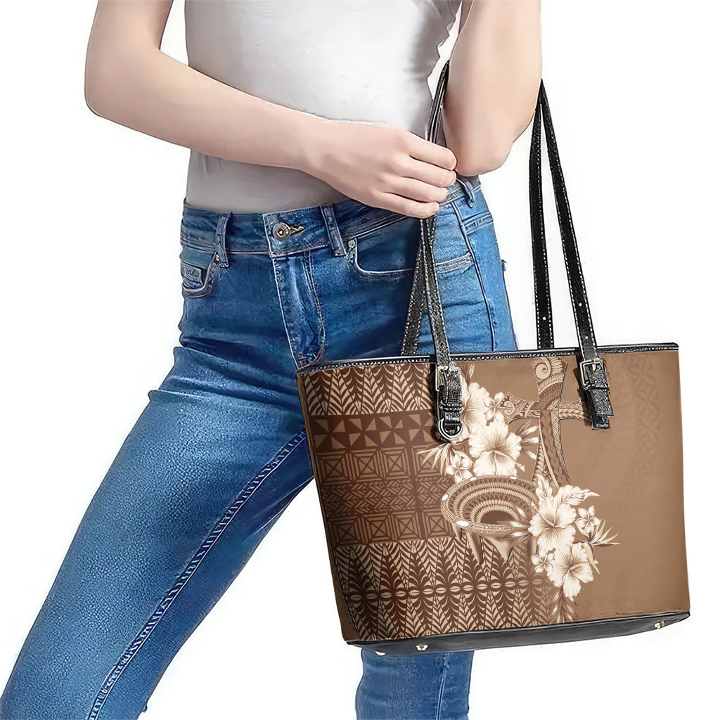 Tonga Ngatu Kupesi Brown Tapa Leather Tote Bag Koe Otua Mo Tonga Ko Hoku Tofia LT7 - Polynesian Pride