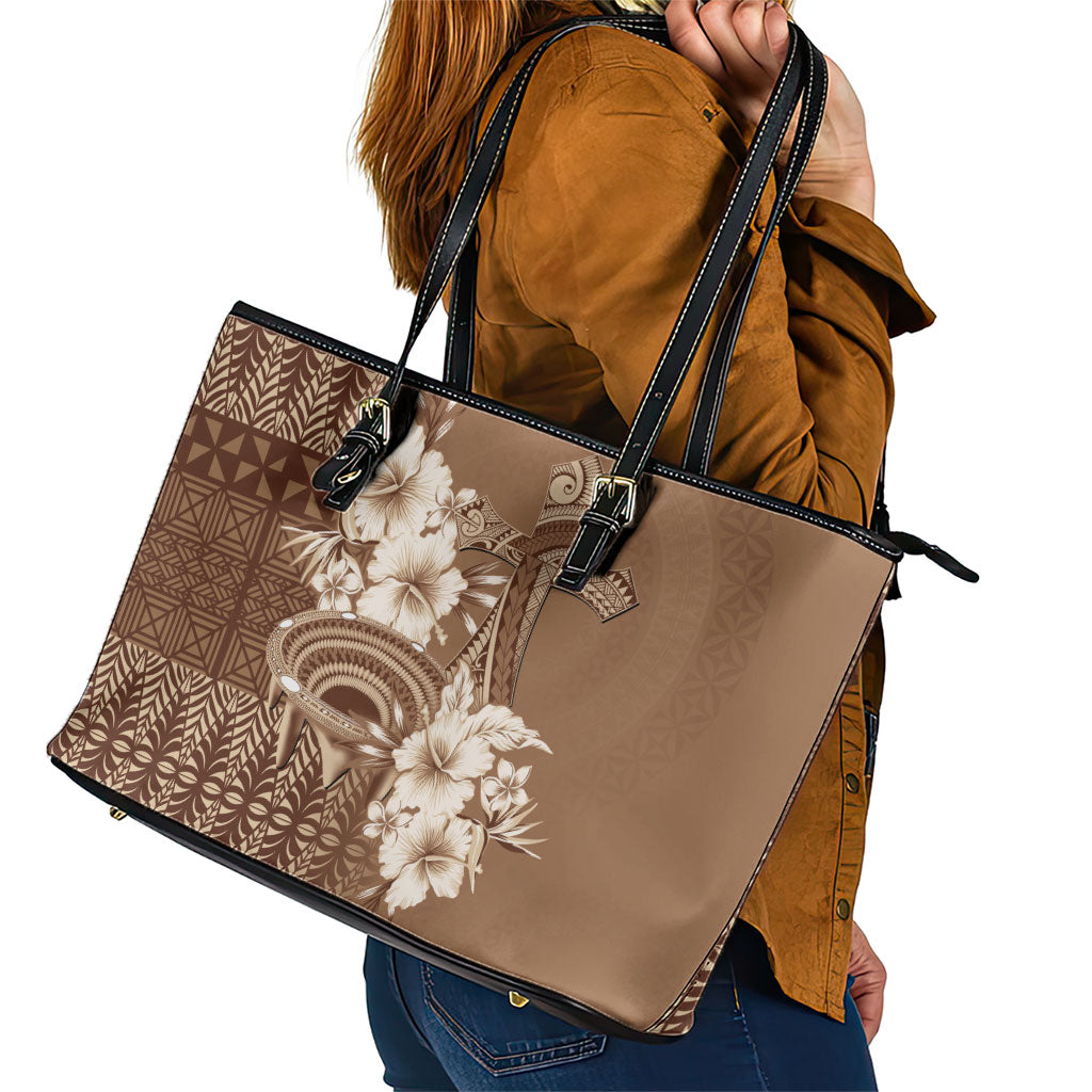 Tonga Ngatu Kupesi Brown Tapa Leather Tote Bag Koe Otua Mo Tonga Ko Hoku Tofia LT7 - Polynesian Pride