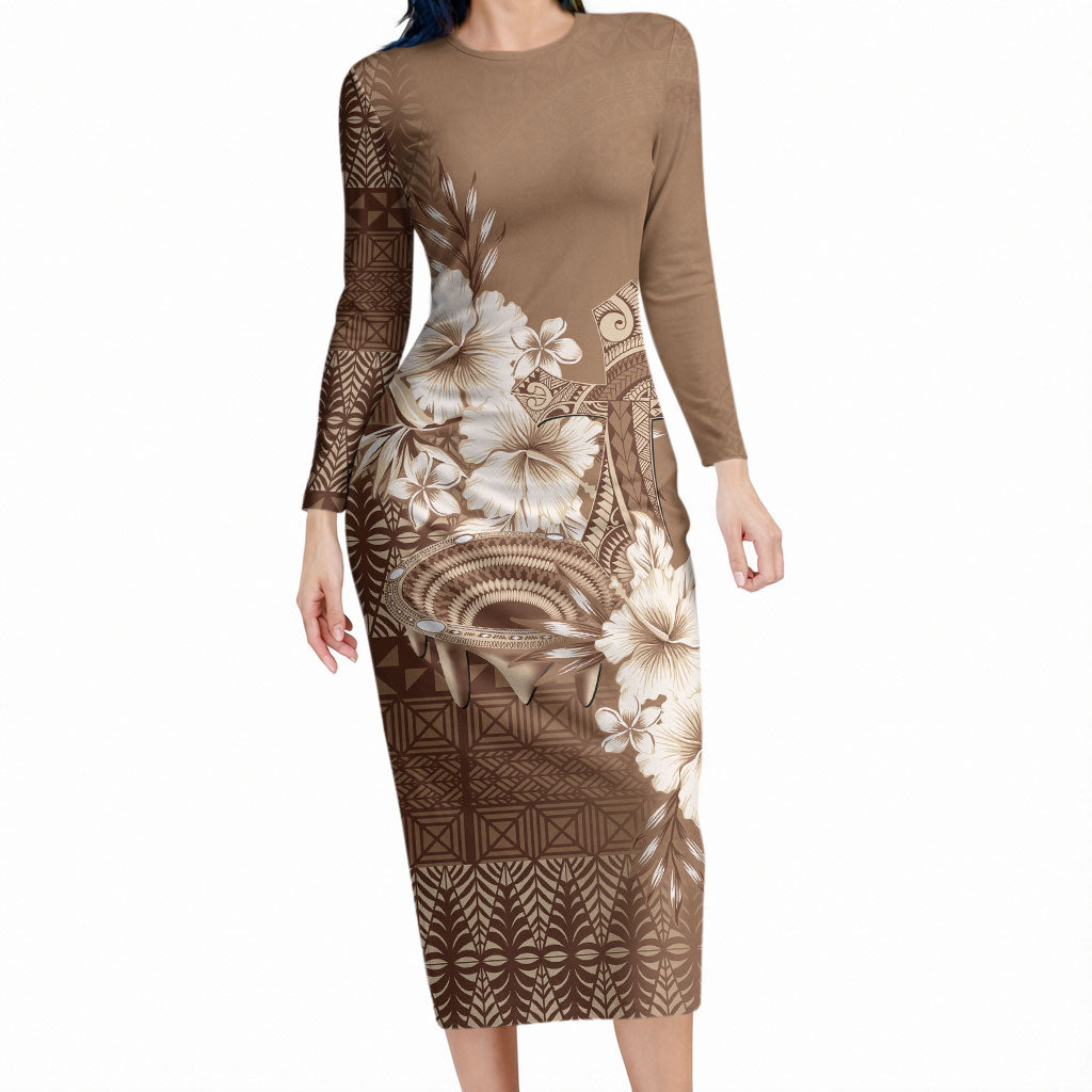 Tonga Ngatu Kupesi Brown Tapa Long Sleeve Bodycon Dress Koe Otua Mo Tonga Ko Hoku Tofia