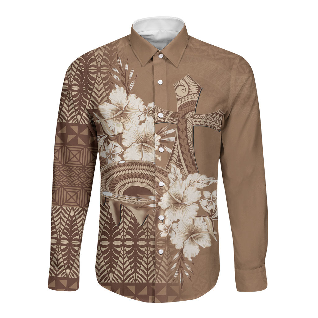 Tonga Ngatu Kupesi Brown Tapa Long Sleeve Button Shirt Koe Otua Mo Tonga Ko Hoku Tofia LT7 Unisex Mocha - Polynesian Pride