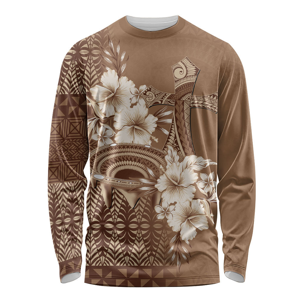 Tonga Ngatu Kupesi Brown Tapa Long Sleeve Shirt Koe Otua Mo Tonga Ko Hoku Tofia LT7 Unisex Mocha - Polynesian Pride