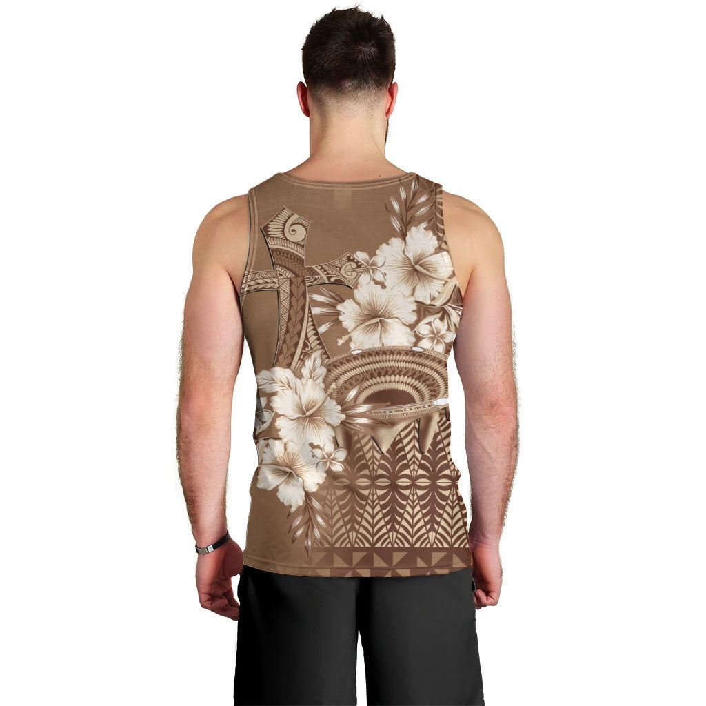 Tonga Ngatu Kupesi Brown Tapa Men Tank Top Koe Otua Mo Tonga Ko Hoku Tofia LT7 - Polynesian Pride