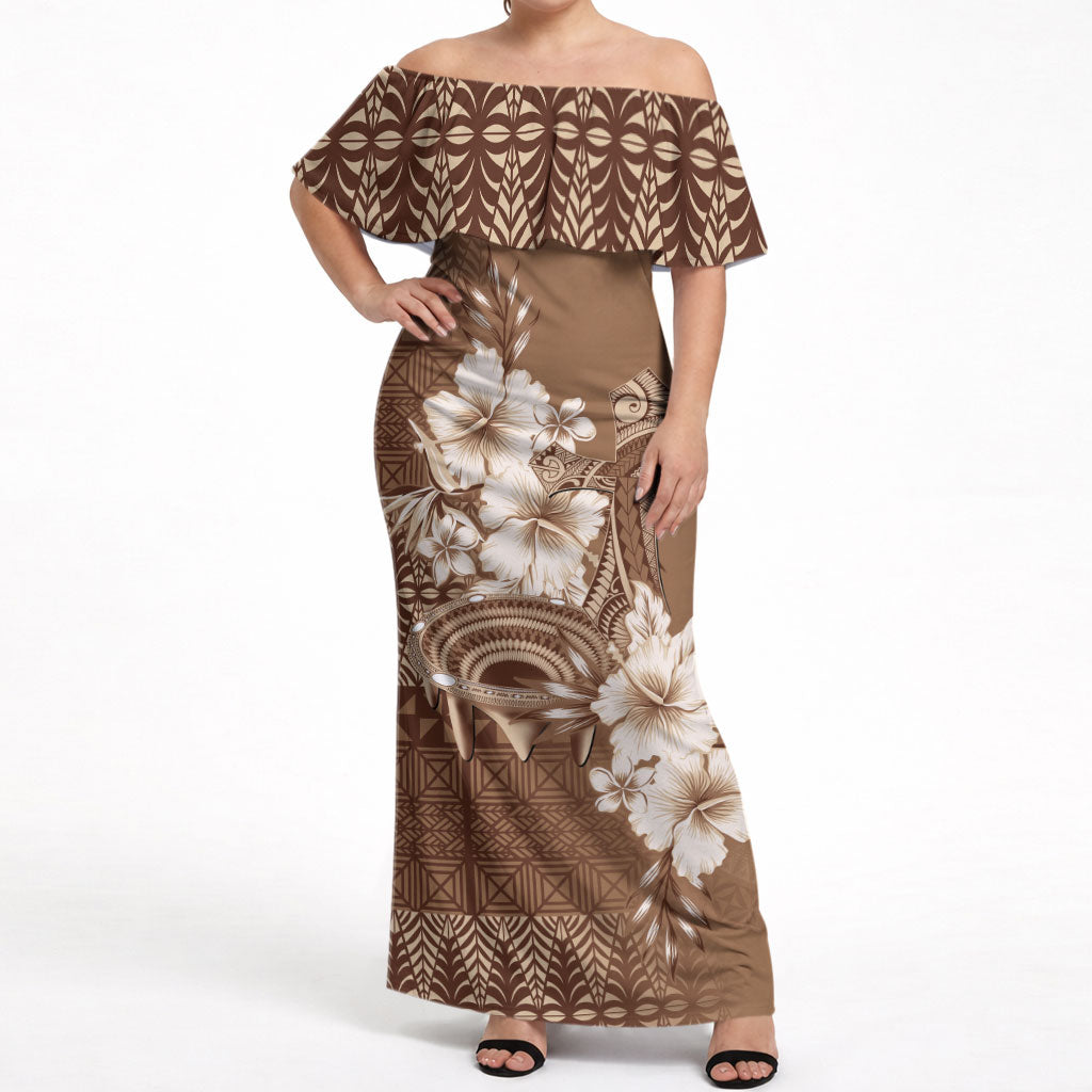 Tonga Ngatu Kupesi Brown Tapa Off Shoulder Maxi Dress Koe Otua Mo Tonga Ko Hoku Tofia LT7 Women Mocha - Polynesian Pride