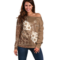 Tonga Ngatu Kupesi Brown Tapa Off Shoulder Sweater Koe Otua Mo Tonga Ko Hoku Tofia LT7 Women Mocha - Polynesian Pride