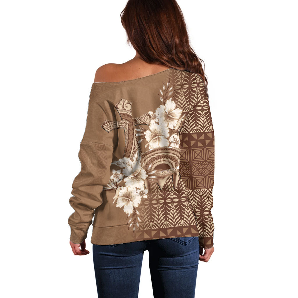 Tonga Ngatu Kupesi Brown Tapa Off Shoulder Sweater Koe Otua Mo Tonga Ko Hoku Tofia LT7 - Polynesian Pride