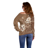 Tonga Ngatu Kupesi Brown Tapa Off Shoulder Sweater Koe Otua Mo Tonga Ko Hoku Tofia LT7 - Polynesian Pride