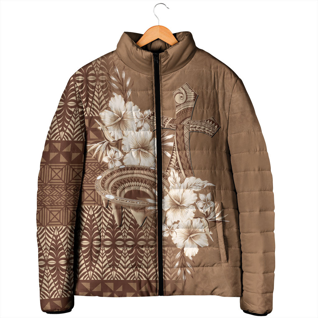 Tonga Ngatu Kupesi Brown Tapa Padded Jacket Koe Otua Mo Tonga Ko Hoku Tofia LT7 - Polynesian Pride