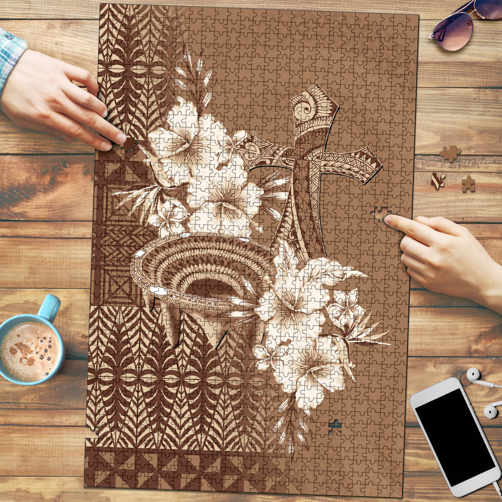 Tonga Ngatu Kupesi Brown Tapa Puzzle Koe Otua Mo Tonga Ko Hoku Tofia LT7 Mocha - Polynesian Pride