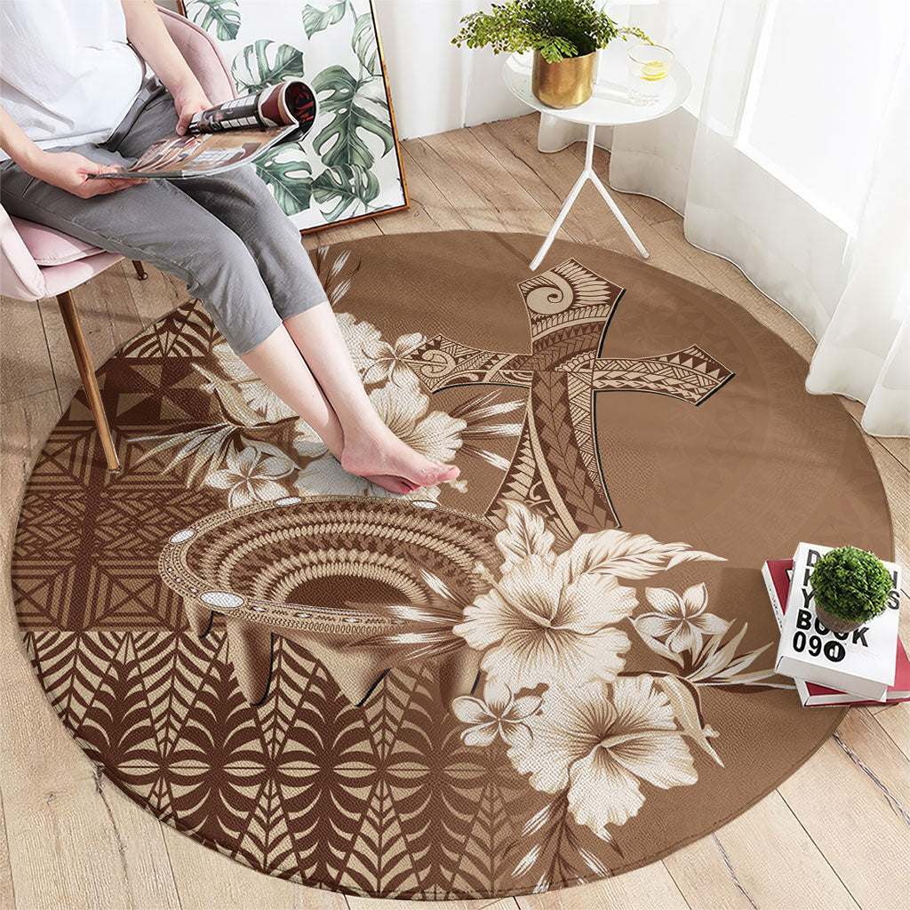 Tonga Ngatu Kupesi Brown Tapa Round Carpet Koe Otua Mo Tonga Ko Hoku Tofia LT7 - Polynesian Pride