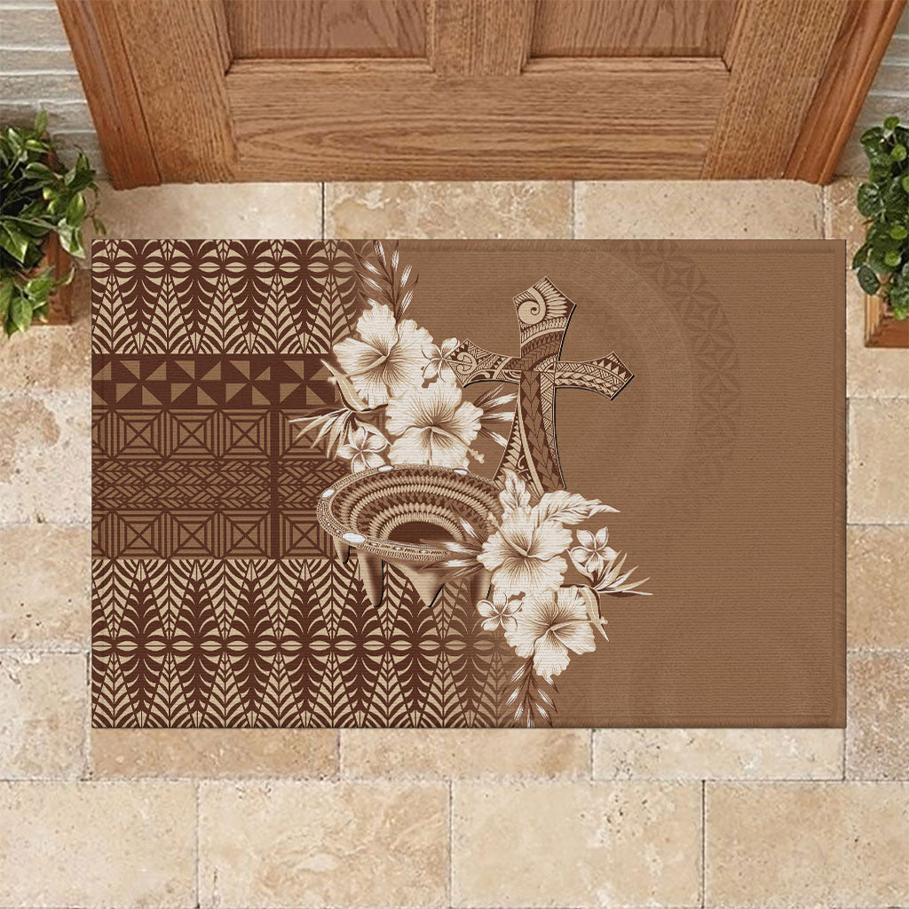Tonga Ngatu Kupesi Brown Tapa Rubber Doormat Koe Otua Mo Tonga Ko Hoku Tofia LT7 Mocha - Polynesian Pride