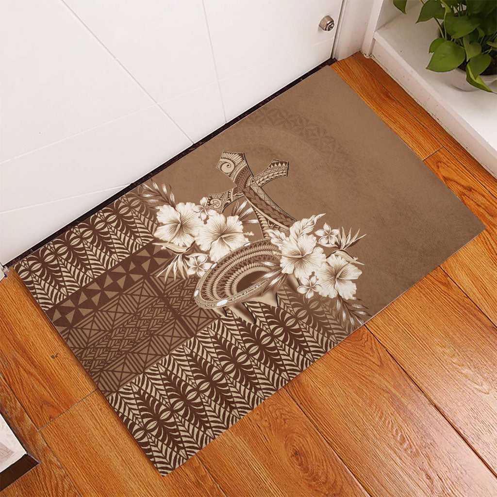 Tonga Ngatu Kupesi Brown Tapa Rubber Doormat Koe Otua Mo Tonga Ko Hoku Tofia LT7 - Polynesian Pride