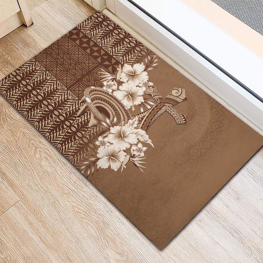 Tonga Ngatu Kupesi Brown Tapa Rubber Doormat Koe Otua Mo Tonga Ko Hoku Tofia LT7 - Polynesian Pride