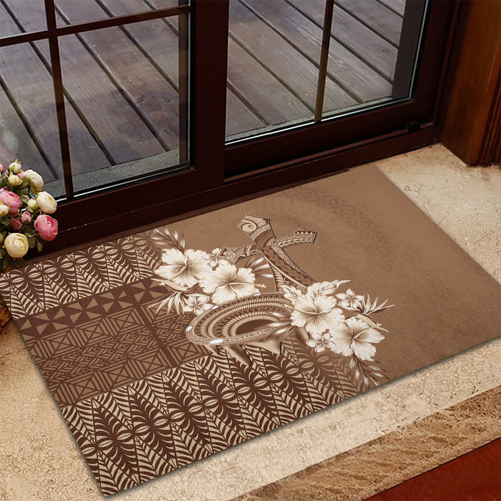 Tonga Ngatu Kupesi Brown Tapa Rubber Doormat Koe Otua Mo Tonga Ko Hoku Tofia LT7 - Polynesian Pride