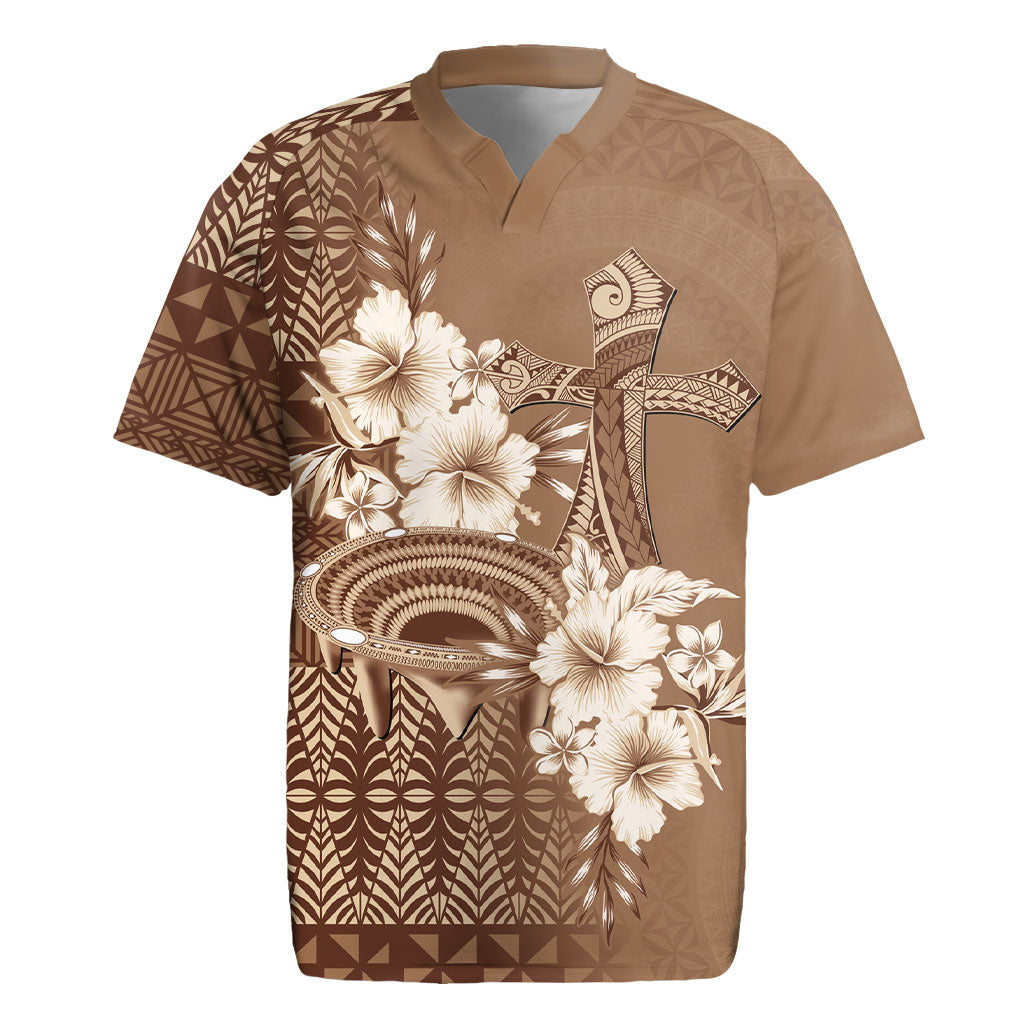 Tonga Ngatu Kupesi Brown Tapa Rugby Jersey Koe Otua Mo Tonga Ko Hoku Tofia