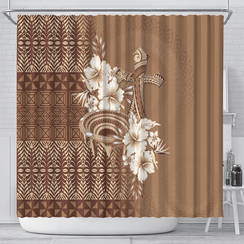 Tonga Ngatu Kupesi Brown Tapa Shower Curtain Koe Otua Mo Tonga Ko Hoku Tofia LT7 - Polynesian Pride