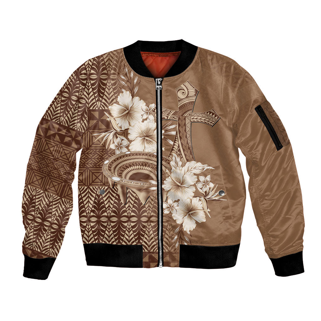 Tonga Ngatu Kupesi Brown Tapa Sleeve Zip Bomber Jacket Koe Otua Mo Tonga Ko Hoku Tofia LT7 Unisex Mocha - Polynesian Pride