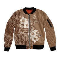Tonga Ngatu Kupesi Brown Tapa Sleeve Zip Bomber Jacket Koe Otua Mo Tonga Ko Hoku Tofia LT7 Unisex Mocha - Polynesian Pride