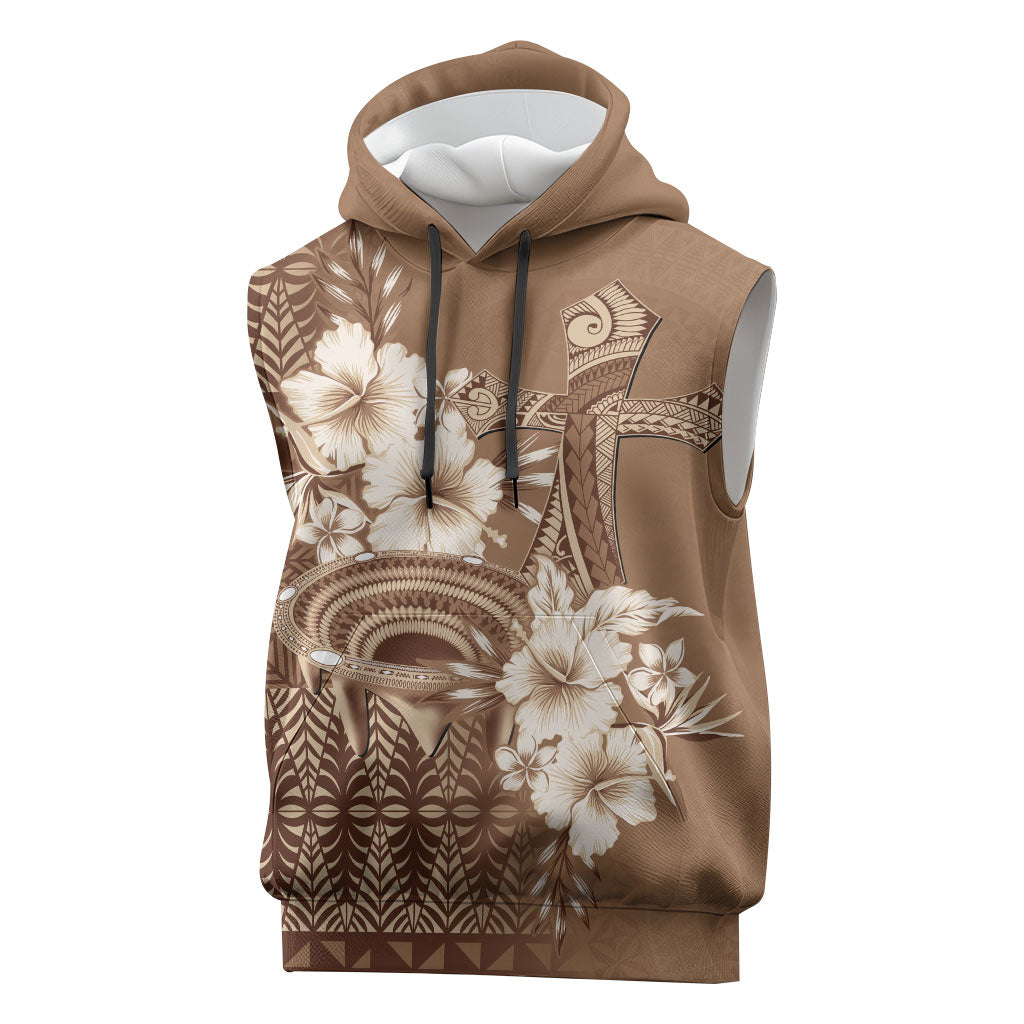 Tonga Ngatu Kupesi Brown Tapa Sleeveless Hoodie Koe Otua Mo Tonga Ko Hoku Tofia
