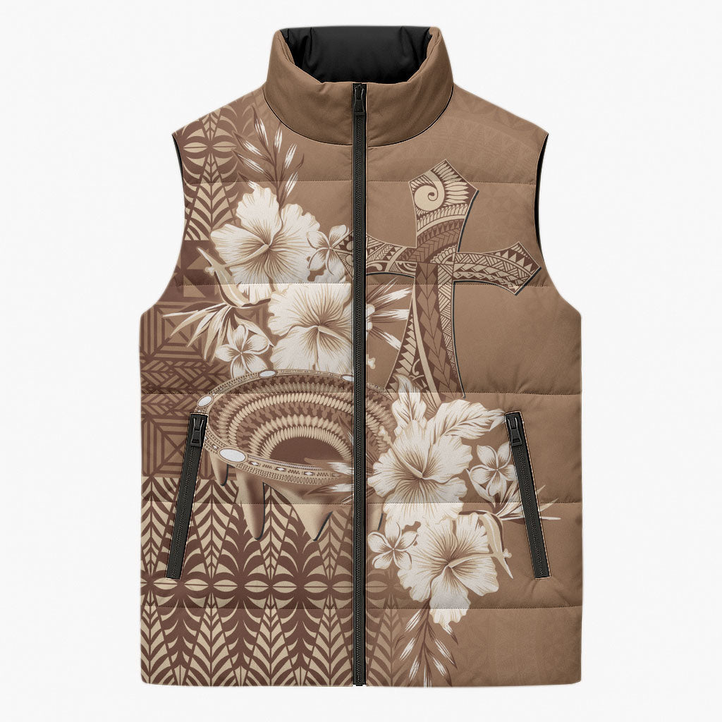 Tonga Ngatu Kupesi Brown Tapa Sleeveless Puffer Jacket Koe Otua Mo Tonga Ko Hoku Tofia