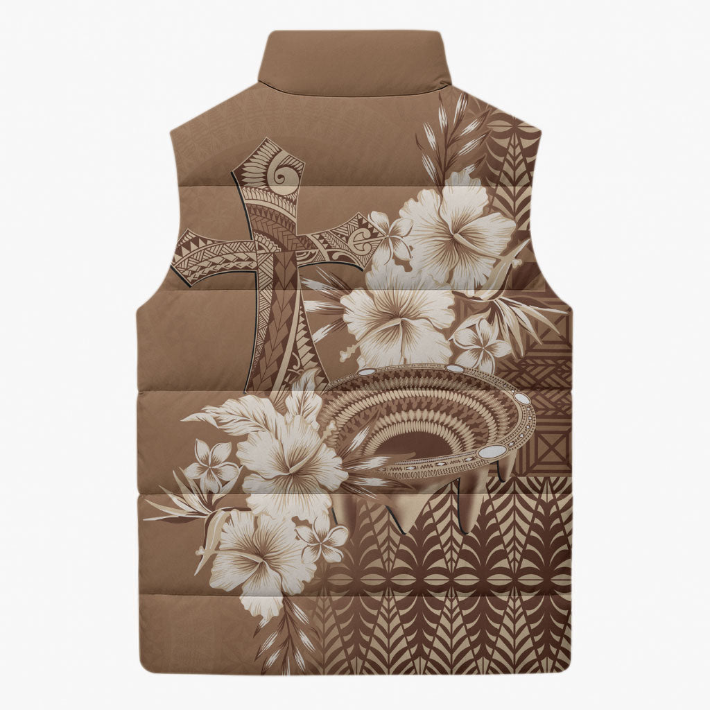 Tonga Ngatu Kupesi Brown Tapa Sleeveless Puffer Jacket Koe Otua Mo Tonga Ko Hoku Tofia LT7 - Polynesian Pride
