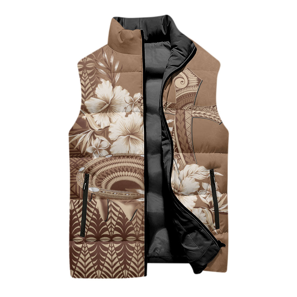 Tonga Ngatu Kupesi Brown Tapa Sleeveless Puffer Jacket Koe Otua Mo Tonga Ko Hoku Tofia LT7 - Polynesian Pride
