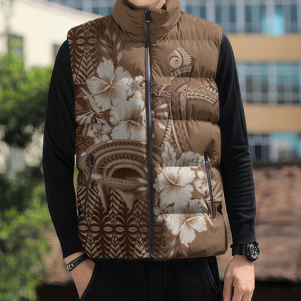 Tonga Ngatu Kupesi Brown Tapa Sleeveless Puffer Jacket Koe Otua Mo Tonga Ko Hoku Tofia LT7 - Polynesian Pride