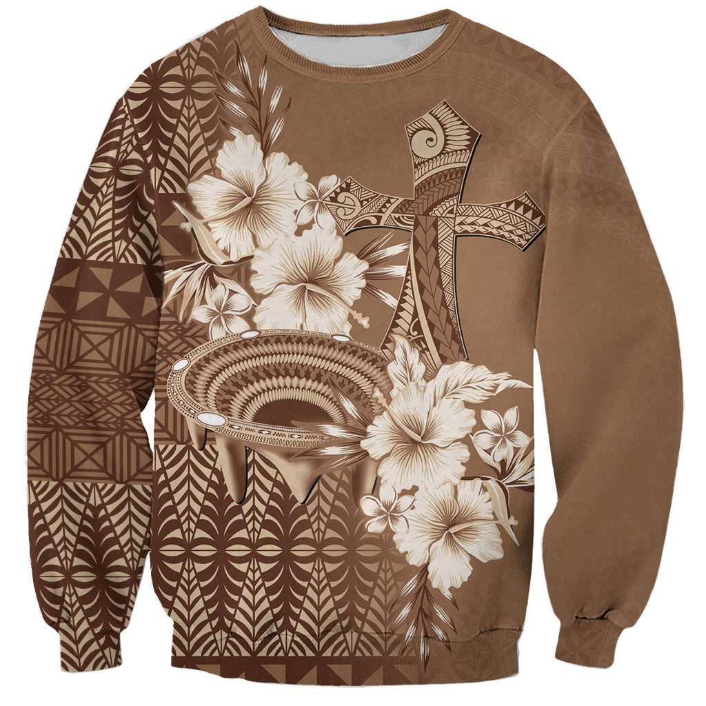 Tonga Ngatu Kupesi Brown Tapa Sweatshirt Koe Otua Mo Tonga Ko Hoku Tofia LT7 Unisex Mocha - Polynesian Pride