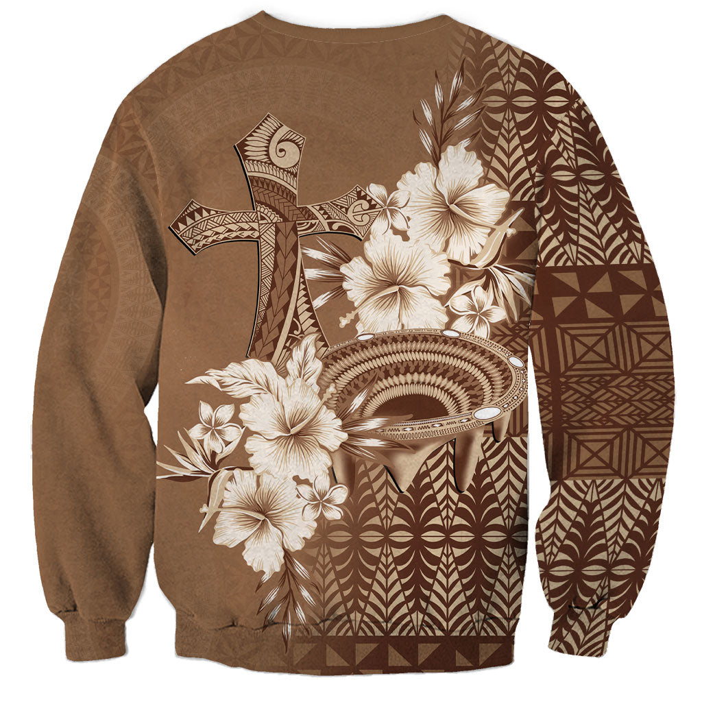 Tonga Ngatu Kupesi Brown Tapa Sweatshirt Koe Otua Mo Tonga Ko Hoku Tofia LT7 - Polynesian Pride