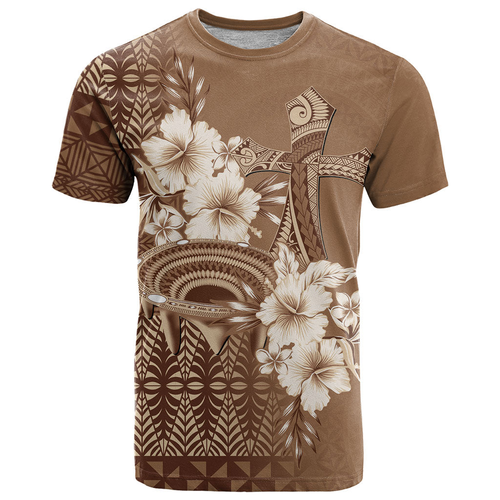 Tonga Ngatu Kupesi Brown Tapa T Shirt Koe Otua Mo Tonga Ko Hoku Tofia LT7 Mocha - Polynesian Pride